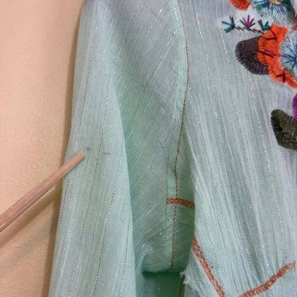 Aziz | Mint Green Floral Embroidered Metallic Thread Cotton Button Up Shirt M - Picture 11 of 17